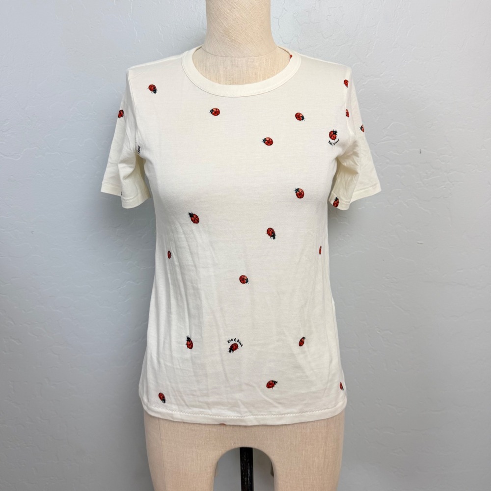 NEW Rag & Bone Ladybug Print Short Sleeve Tee Cream XXS Cotton Lyocell Soft